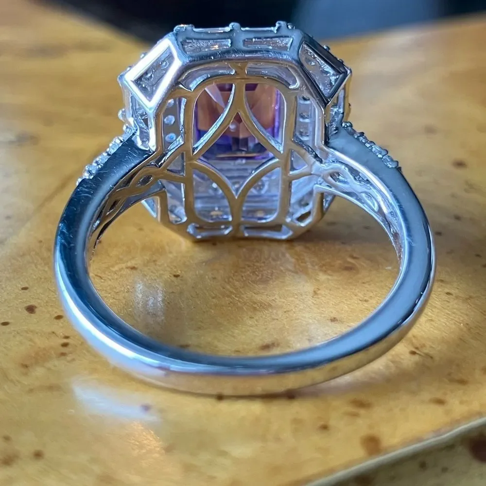 African Amethyst Moissanite Sterling Silver Art Deco Ring Size 9